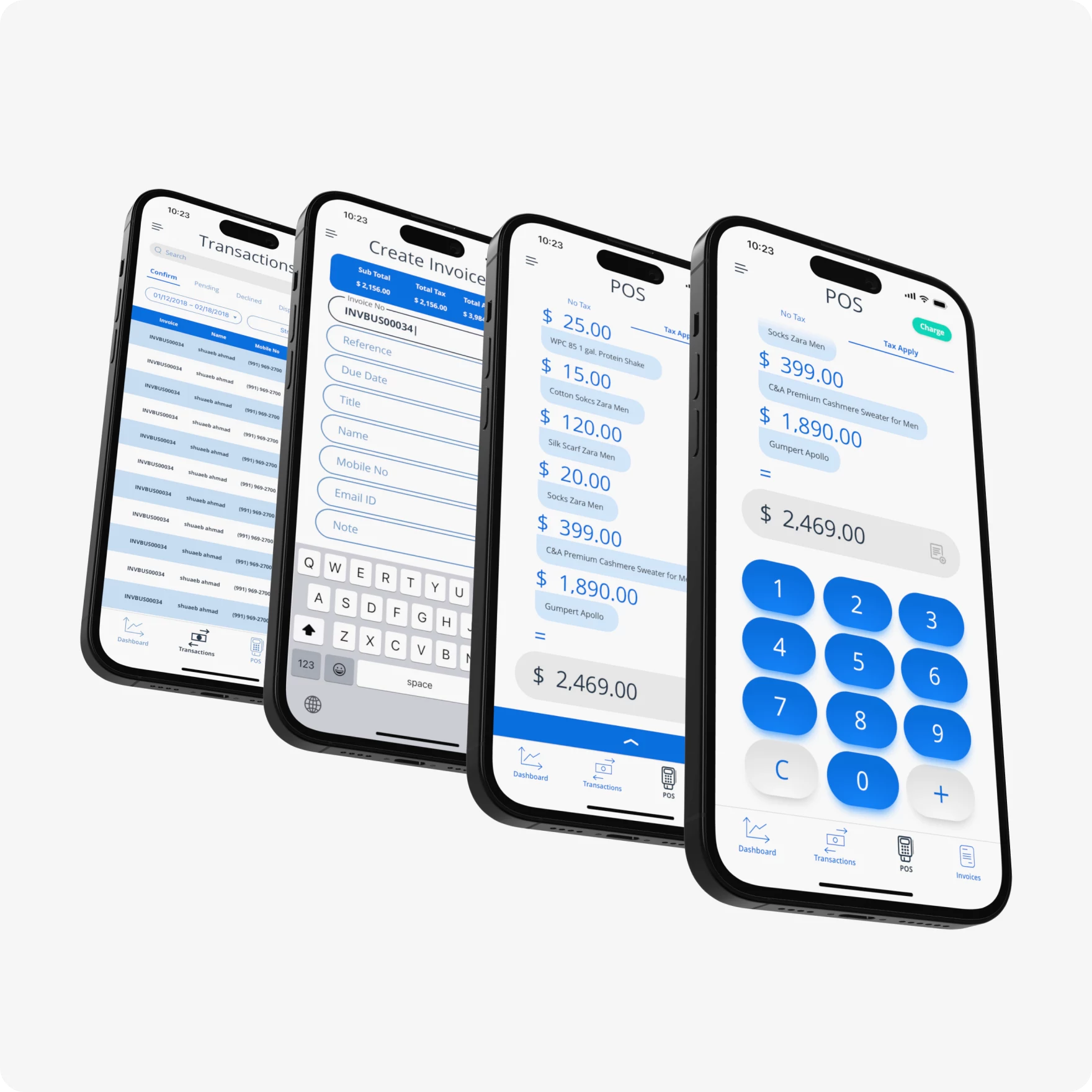 Five static screens of POS App Design for mobile, designed for SaleQuick