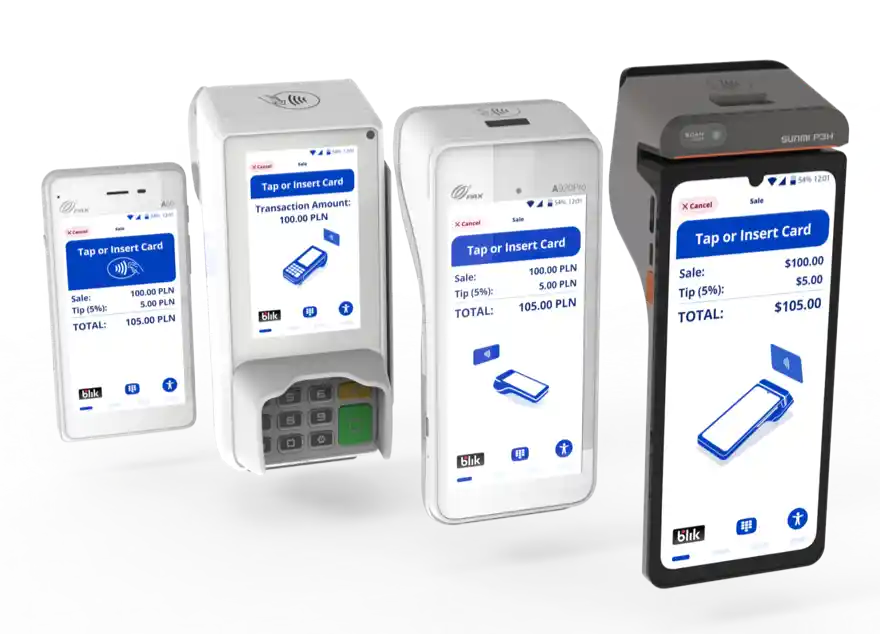 Card-Entry screen on PAX A50, PAX A80, PAX A920Pro, and Sunmi P3, displaying eService's payment app interface designed by TeddyGraphics