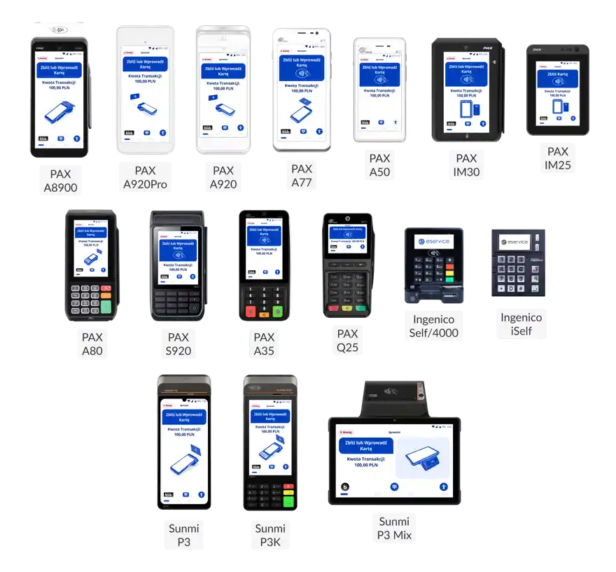 Complete lineup of 16+ payment terminals designed by TeddyGraphics: PAX A920, PAX A920Pro, PAX 8900, PAX 8900 Full Display, PAX A77, PAX A50, PAX IM30, Ingenico Self/2000, PAX A80, PAX S920, PAX A35, PAX Q25, Ingenico iSelf Duo, Ingenico iSelf Trio, Sunmi P3K, Sunmi P3KH, Sunmi P3, Sunmi P3 Mix — all showing the eService payment app interface