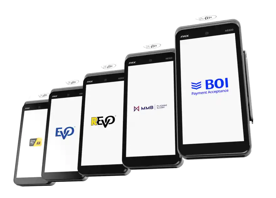 User Interface of the eService PayApp recoloured for its 5 sister brands — eService & EVO, REVO, MONETA, CardPay AA, and BOIPA — shown in Light Mode and Dark Mode on PAX A920Pro terminals